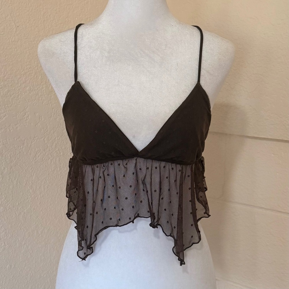 Urban Outfitters Tabatha Cami Top Womens S Brown Polka Dot Sheer‎ Mesh Babydoll